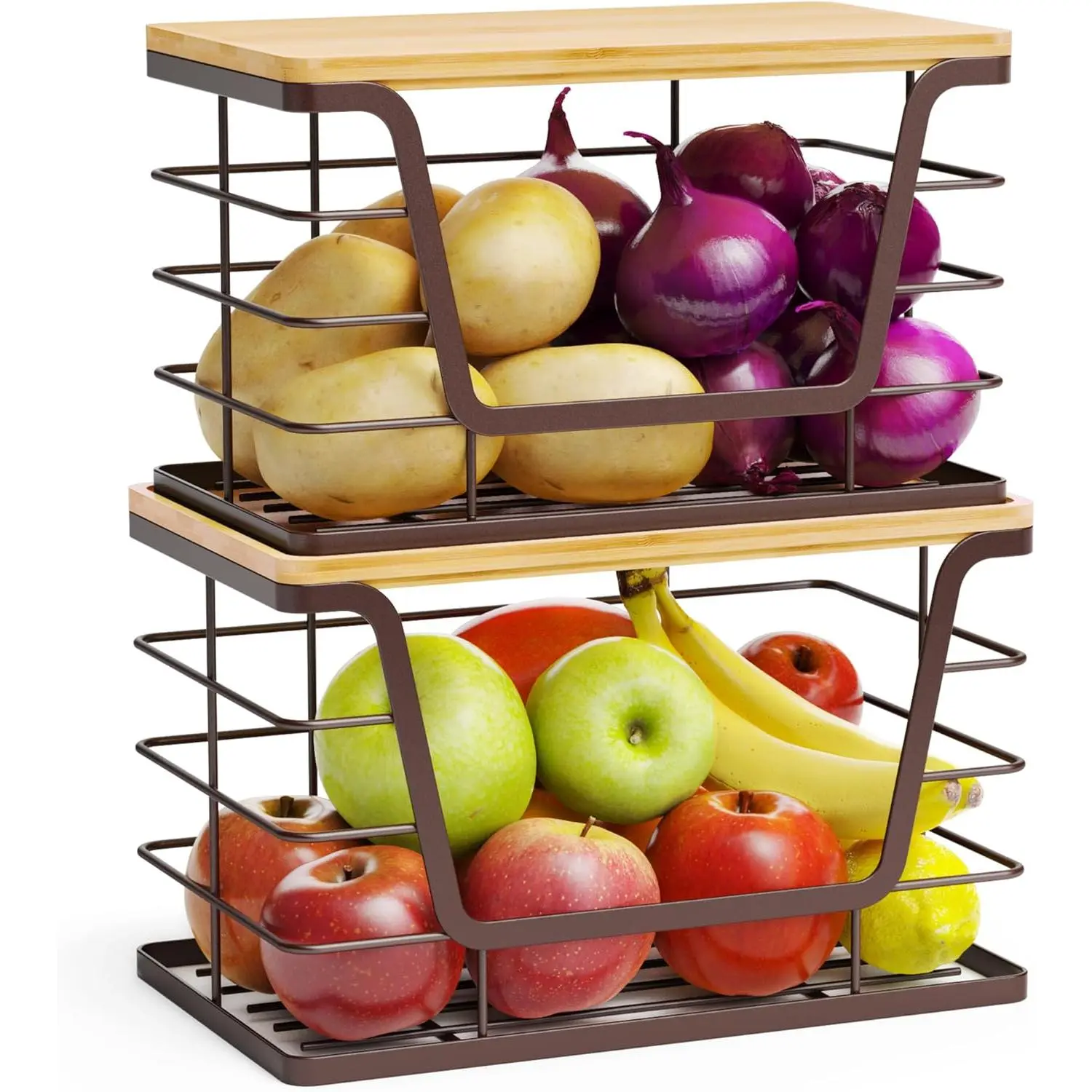 2 Pack Stackable Wire Storage Basket with Bamboo Lid, Trash Bag Dispenser Under Sink for 4-13 Gal Bags, Kitchen Storage Bins for Potato and Onion, Brown