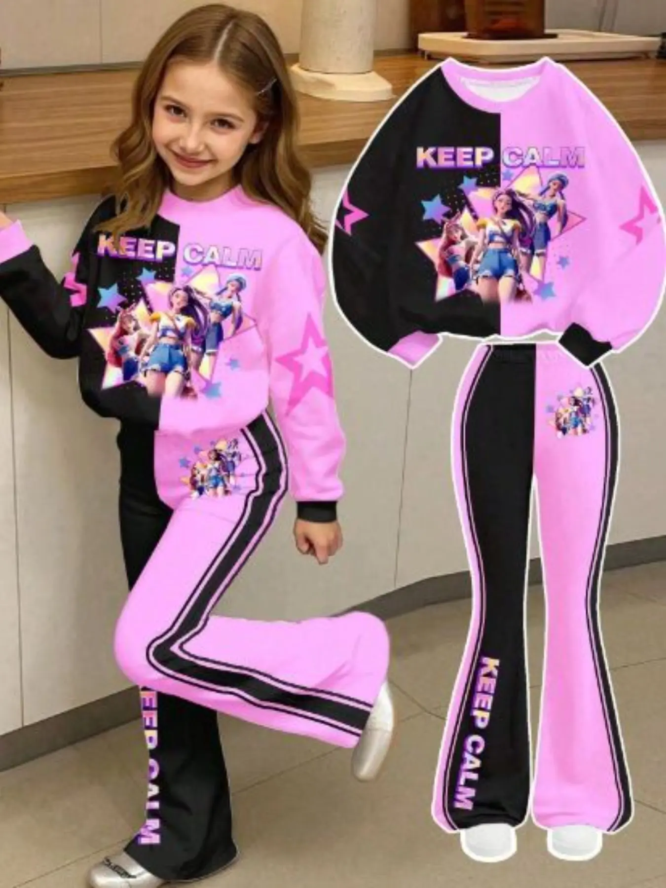 New Spring Fall Girls' Star Idol Print Long Sleeve Sweatshirt Set, Fashion Clothes Sets Casual Loose-Fit Two-Piece for Kids