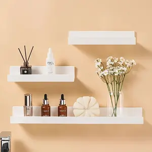 3-piece wall-mounted shelf set with no drilling required, featuring a minimalist floating shelf with 2 adhesive strips for easy installation. Stackable design allows for organizing more items, suitable for multiple scenarios such as bathrooms and kitchens
