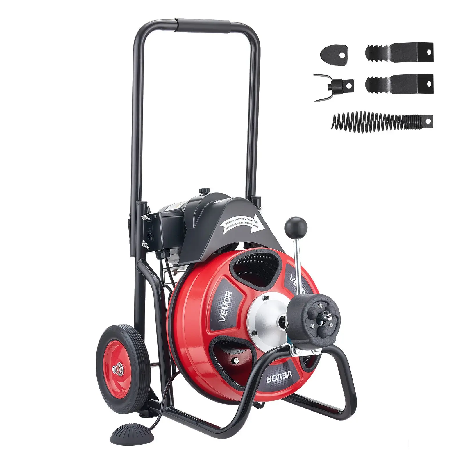 VEVOR Drain Cleaner Machine 50 FT x 3/8 Inch, Auto Feed Sewer Snake Auger on Wheels, Portable Drain Cleaning Machine with 4 Cutters & Air-activated Foot Switch for 2" to 4" Pipes