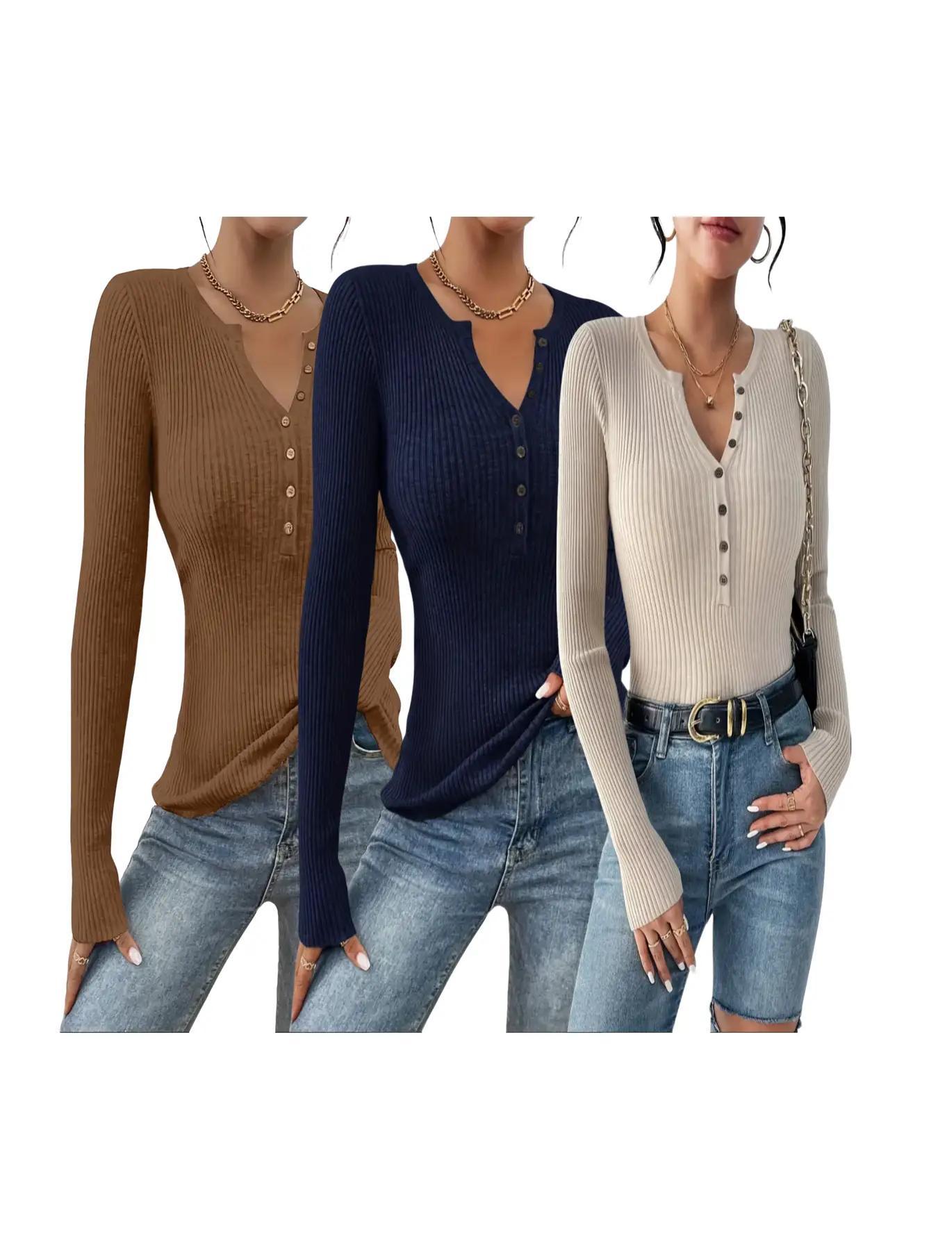Women's Plain Button-Front Ribbed Sweater, Elegant Chic Slim Fit Long Sleeve Round Neck Jumper for Spring, Fashion Ladies' Knitwear for Daily Wear, Slim Fit Sweater for Women