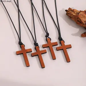 Wooden Cross Pendant Necklace for Men and Women, Adjustable Cord Christian Faith Jewelry for Daily Wear Religious Gift Minimalist Casual Accessory