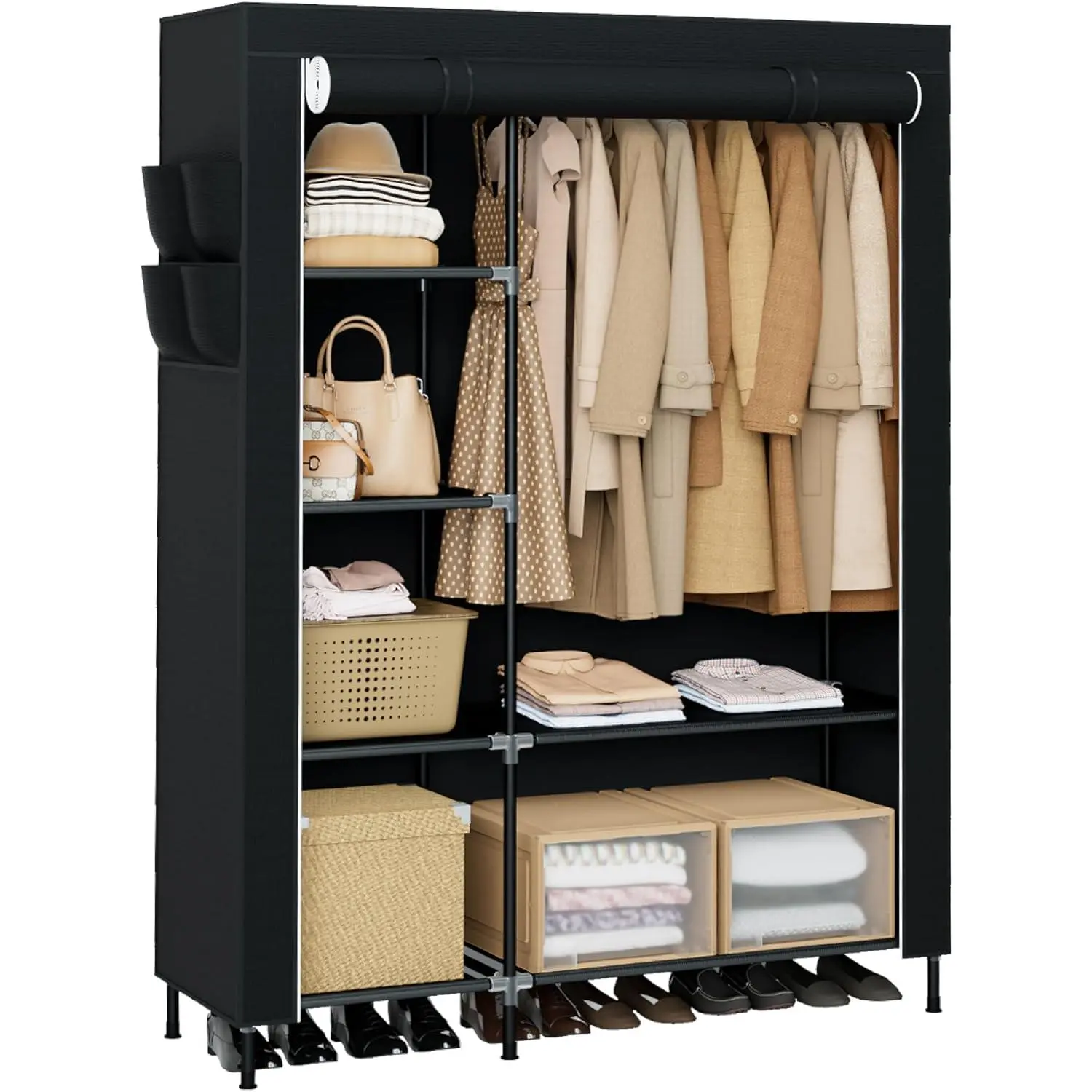 Portable Closet, 48 Inch Large Capacity Wardrobe Closet, Clothes Storage Organizer with Shelves and  Rod, Easy to Assembly, Black PCT221B01