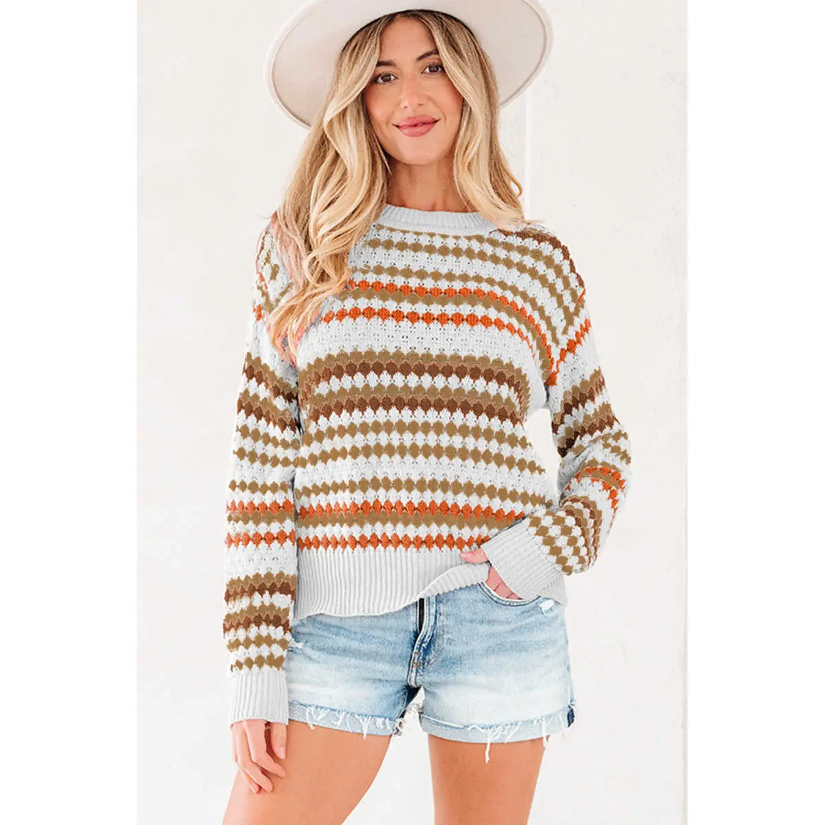 Women's Striped Eyelet Knit Sweater Drop Shoulder Loose Fit Long Sleeve Pullover Casual Fashion Top