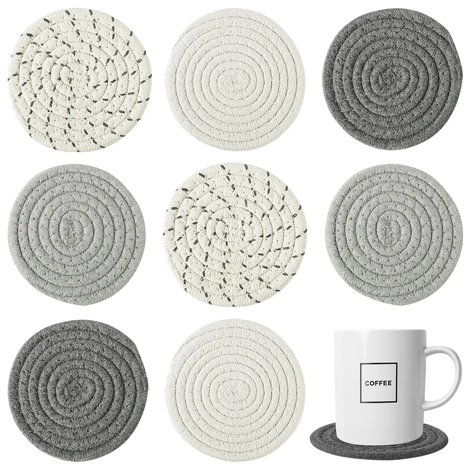 Handmade Woven Drink Coasters, 8 count BOHO Coasters for Home Decor, Absorbent Farmhouse Cotton Table Coasters for Kinds of Cups New House Gift(4.3in, Dark Grey)