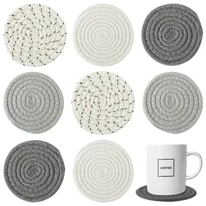 Handmade Woven Drink Coasters, 8 count BOHO Coasters for Home Decor, Absorbent Farmhouse Cotton Table Coasters for Kinds of Cups New House Gift(4.3in, Dark Grey)