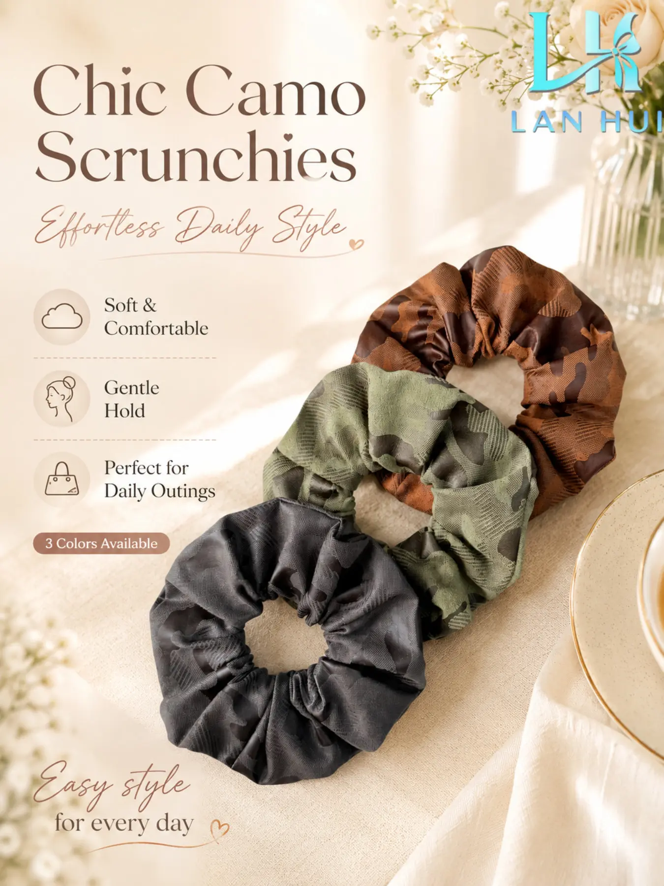 3 Color Camouflage Fabric Hair Ties Set, Vintage Casual Invisible Hair Rope, Soft Non-Tugging, Daily Commute Hair Accessories for Girls