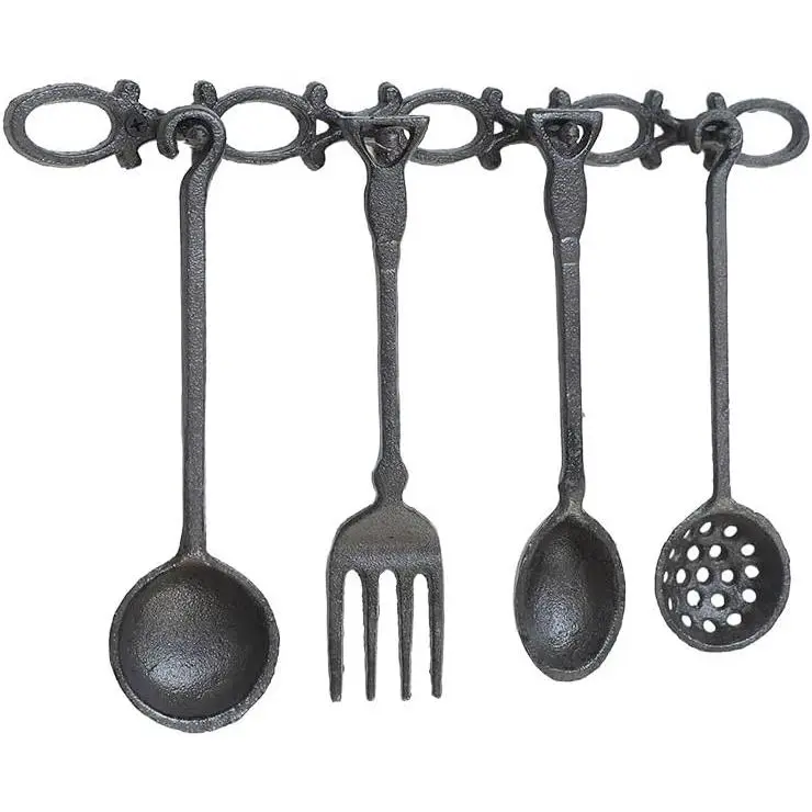 Antique Cast Iron Fork & Spoon Wall Decor, Large Wrought Iron Tableware Hanging Rack, Countryside Kitchen Art Ornament for Farmhouse Home Use