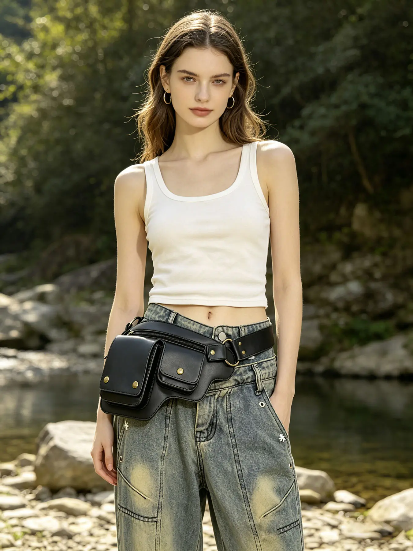 Adjustable Vintage Leather Belt Pouch, Multi-Layer Pocket Separation With Premium Gold Hardware Buckles, Versatile Storage Fanny Pack For Outdoor Hiking And Daily Shopping