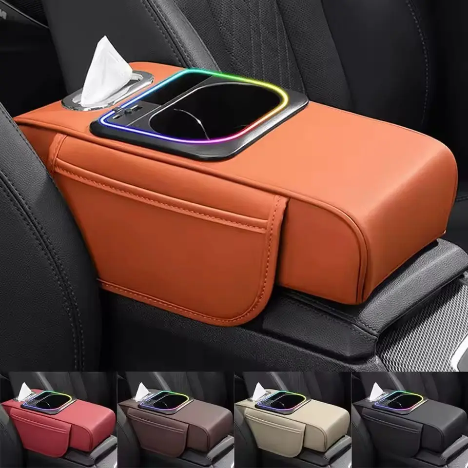 Car Multifunctional Armrest Storage Pad, Car Interior Storage, Type-C and Type-A Fast Charging, RGB Ambient Light, Easy Installation, Car Accessories, Multifunctional Car Organizer