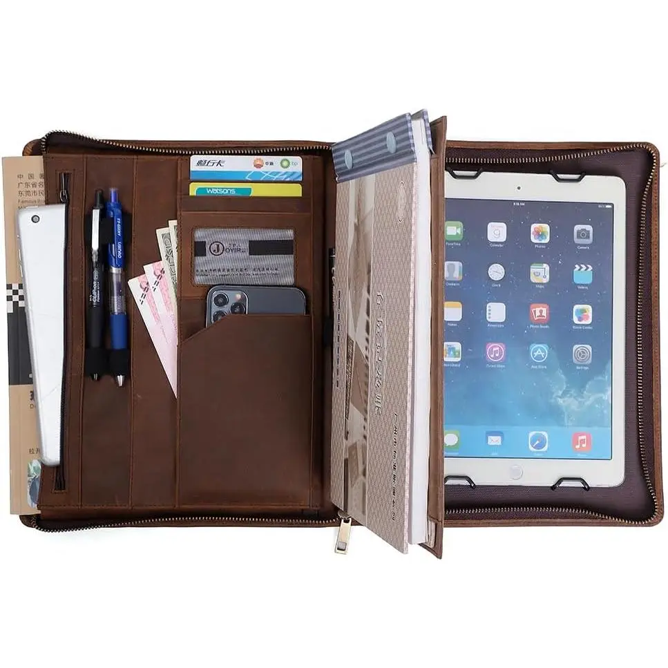 Crazy Horse Leather Portfolio Binder with 3-Zipper, Executive Padfolio Business Organizer & Resume Portfolio with iPad Holder, Legal Pad Portfolio for Men, Meetings, Interviews & Business Travel