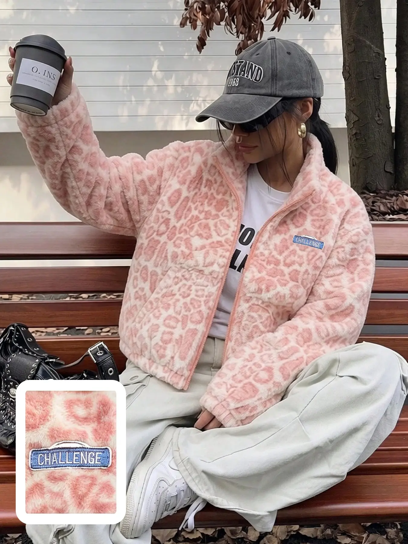 Women's Pink Leopard Zip-Up Long Sleeve Jacket, Stand Collar Cropped Top With Patch Label, Suitable For Daily Street Casual Wear, Casual Fashion Outerwear