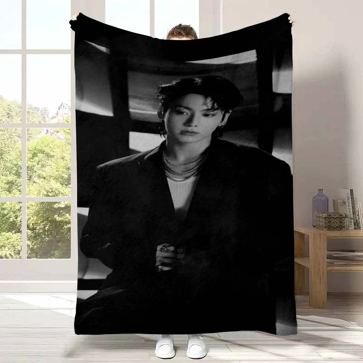 Kpop Male Idol Portrait Flannel Throw Blanket - Black White Dark Aesthetic Celebrity Print, Anti-Pill Soft Warm Fleece, 1-Piece Multi-Purpose Home/Travel Sofa Bed Fan Gift, One-Piece