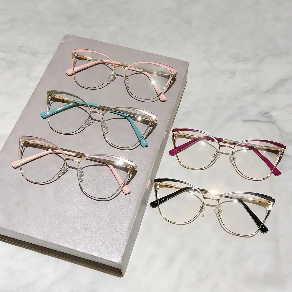 Women's Cat Eye Non-Transparent Lens Glasses - Pink & Gold-Tone Metal Frames with Adjustable Nose Pads, Curved Temples, Oversized Retro Look for Office Wear (Sports & Outdoor Cycling Leisure Use)