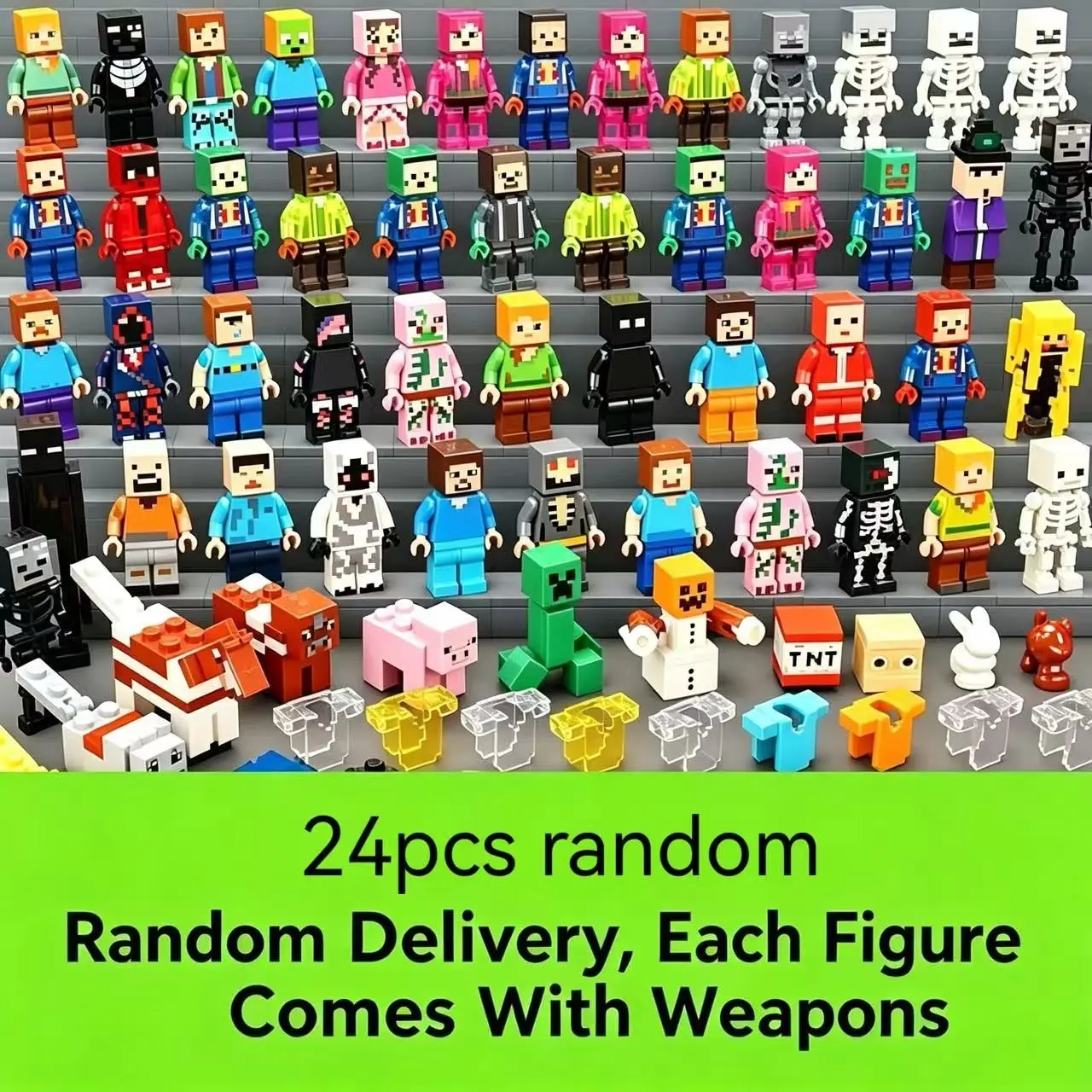 24pcs Pixel Block World Multi-Character Building Blocks, Monster Animal Blocks with Weapons, Desktop Display Collectibles, Pixel Game Lovers Gift