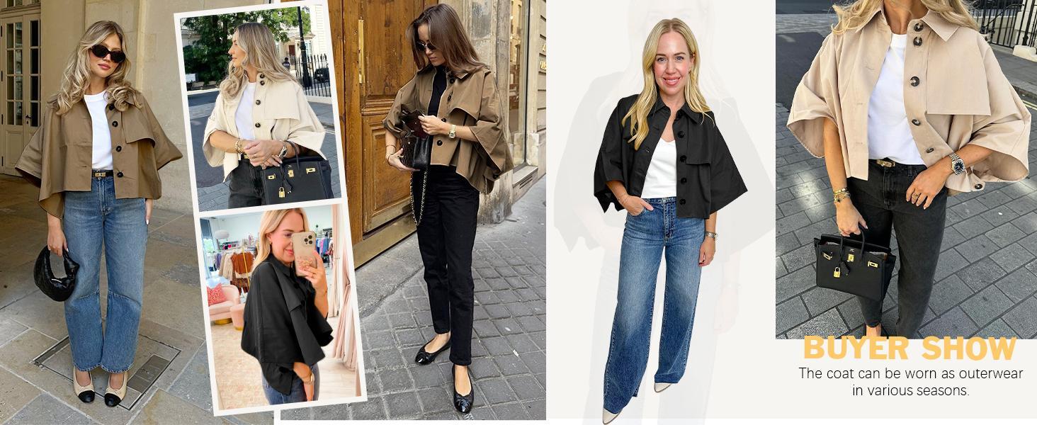Women's Oversized Cropped Trench Coat, Single-Breasted 3/4 Cape Sleeve, Button-Up Casual Trendy Outerwear Women's Oversized Cropped Trench Coat, Single-Breasted 3/4 Cape Sleeve, Button-Up Casual Trendy Outerwear