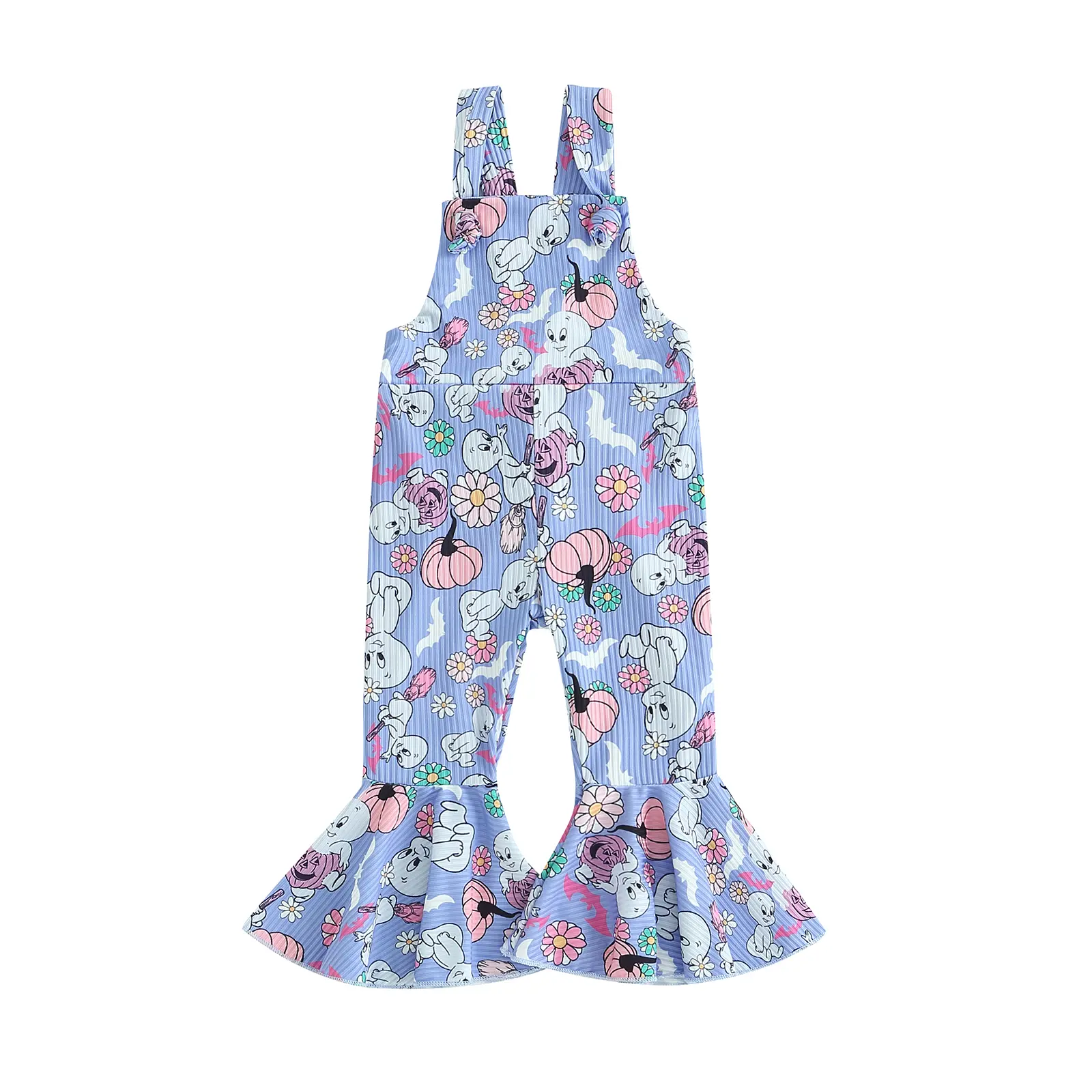 Toddler Baby Girls Halloween Jumpsuit, Sleeveless Square Neck Flower Pumpkin Printed Bell-Bottoms Romper