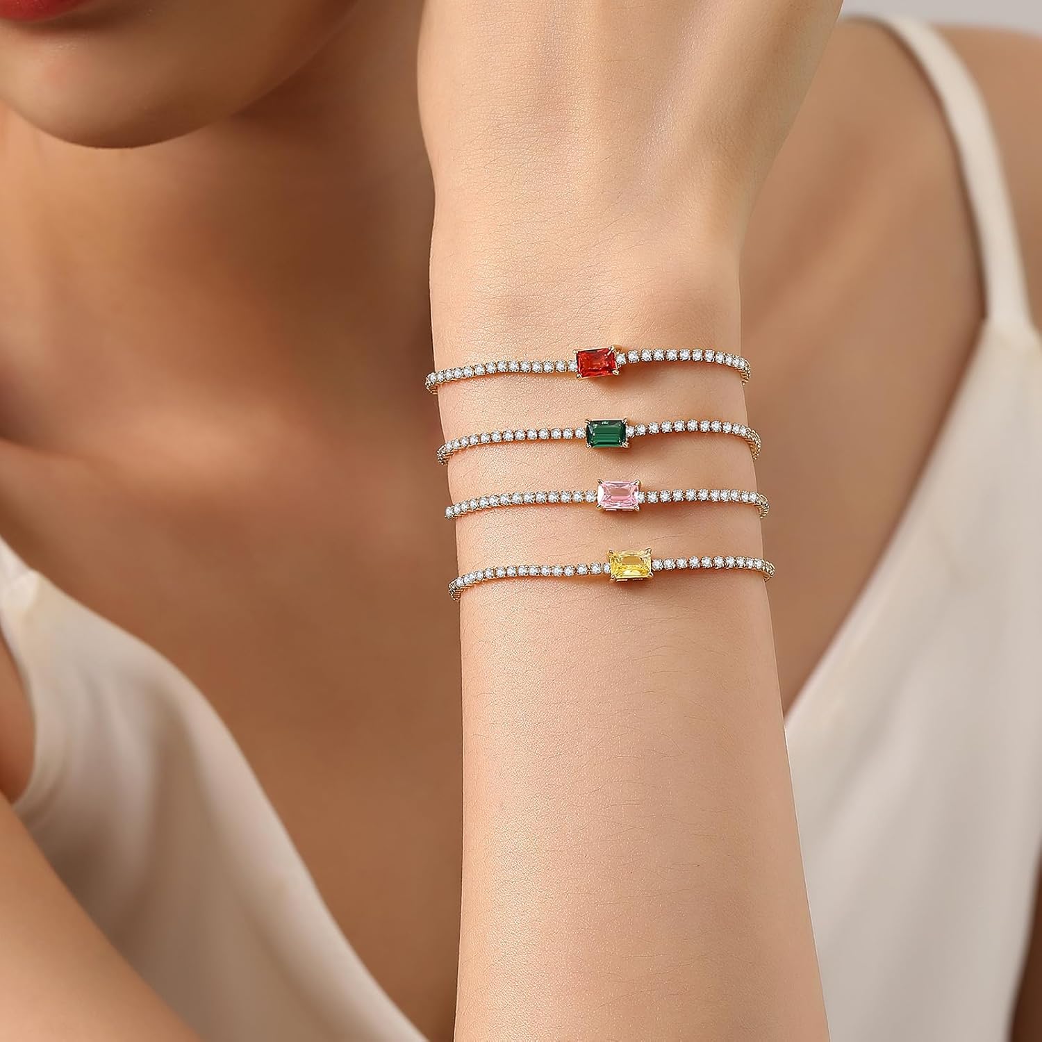 THE WELL KEPT Birthstone Bracelet for Women 14K Gold Plated Tennis Bracelet 2mm Fine Jewelry Birthday Christmas Day Gifts for Women Wife Girlfriend Her Mom Friend