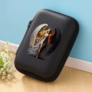 1pc beautiful two-color winged angel pattern printed storage box with mesh pocket and compact design - cable/headphone/charger/card/small accessory storage box, suitable for office, travel, enthusiasts - durable and portable accessory sorting