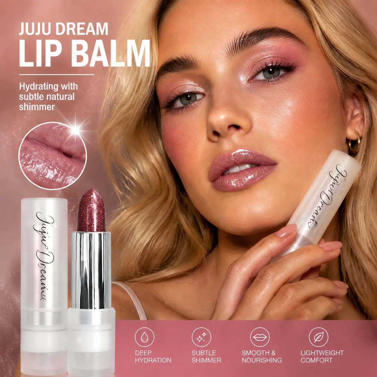 JUJU Dream Morning Dew Shimmer Tinted Lip Balm. Buttery smooth lightweight non-sticky formula repairs dry chapped lips and fades lip lines, buildable sheer color for natural daily glow or dazzling party look.