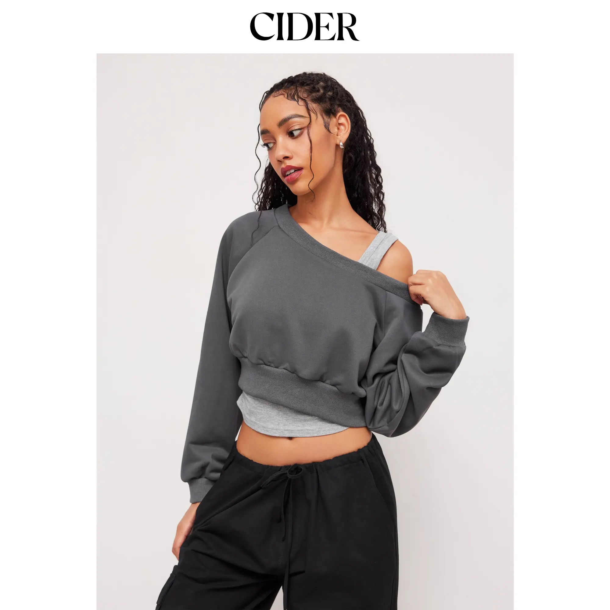 Cider Terry Off-shoulder Cropped Oversized Sweatshirt & Ruched Tank Top