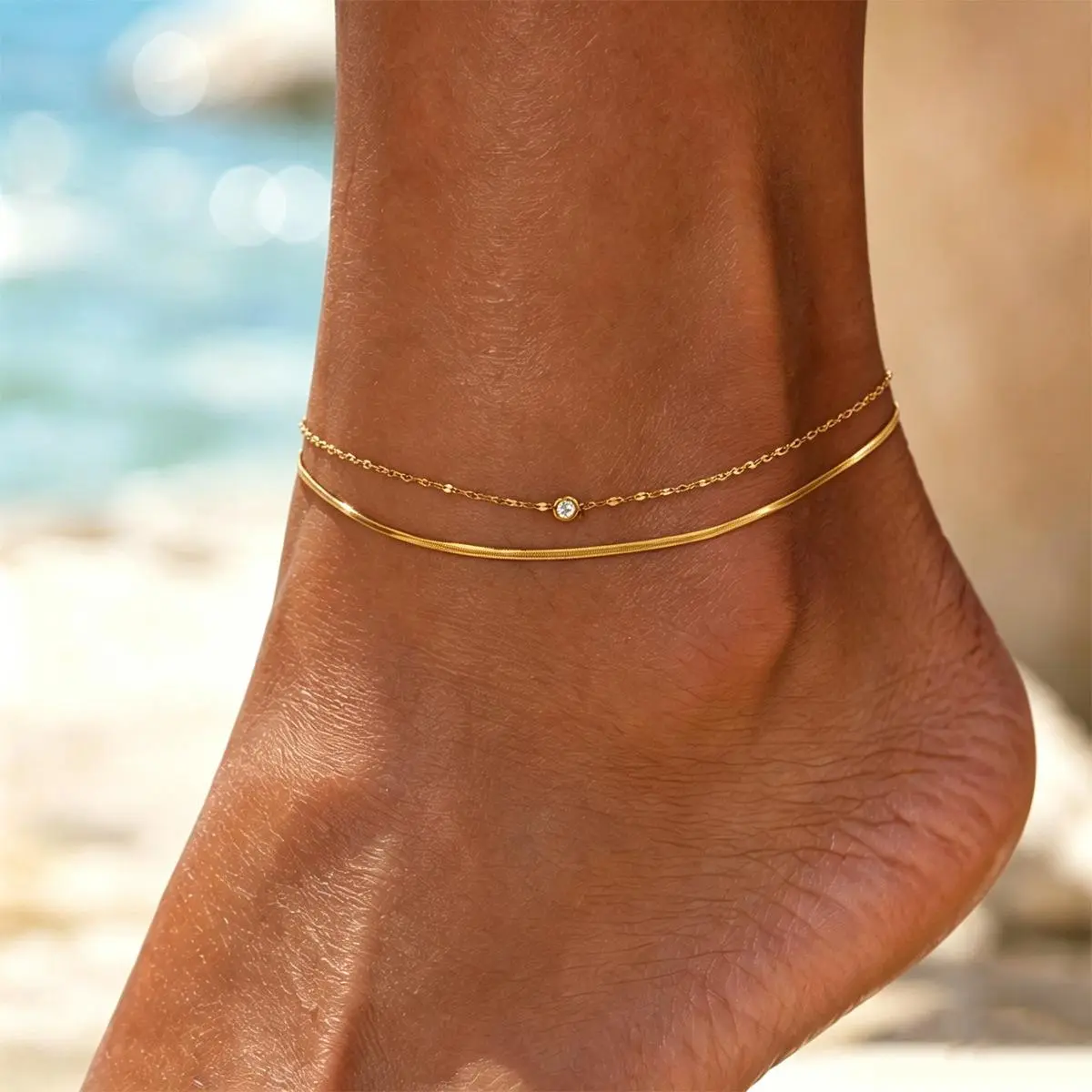 Women's Gold Plated Double Strand Anklet - Herringbone Snake Chain with Sparkling Faux Crystal Bezel, Adjustable Extended Tail Chain, Lightweight Non Tarnish Tarnish Proof Coastal Baddie Beach Poolside Jewelry, 1-Piece Ankle Bracelet, Anklets for Women, N