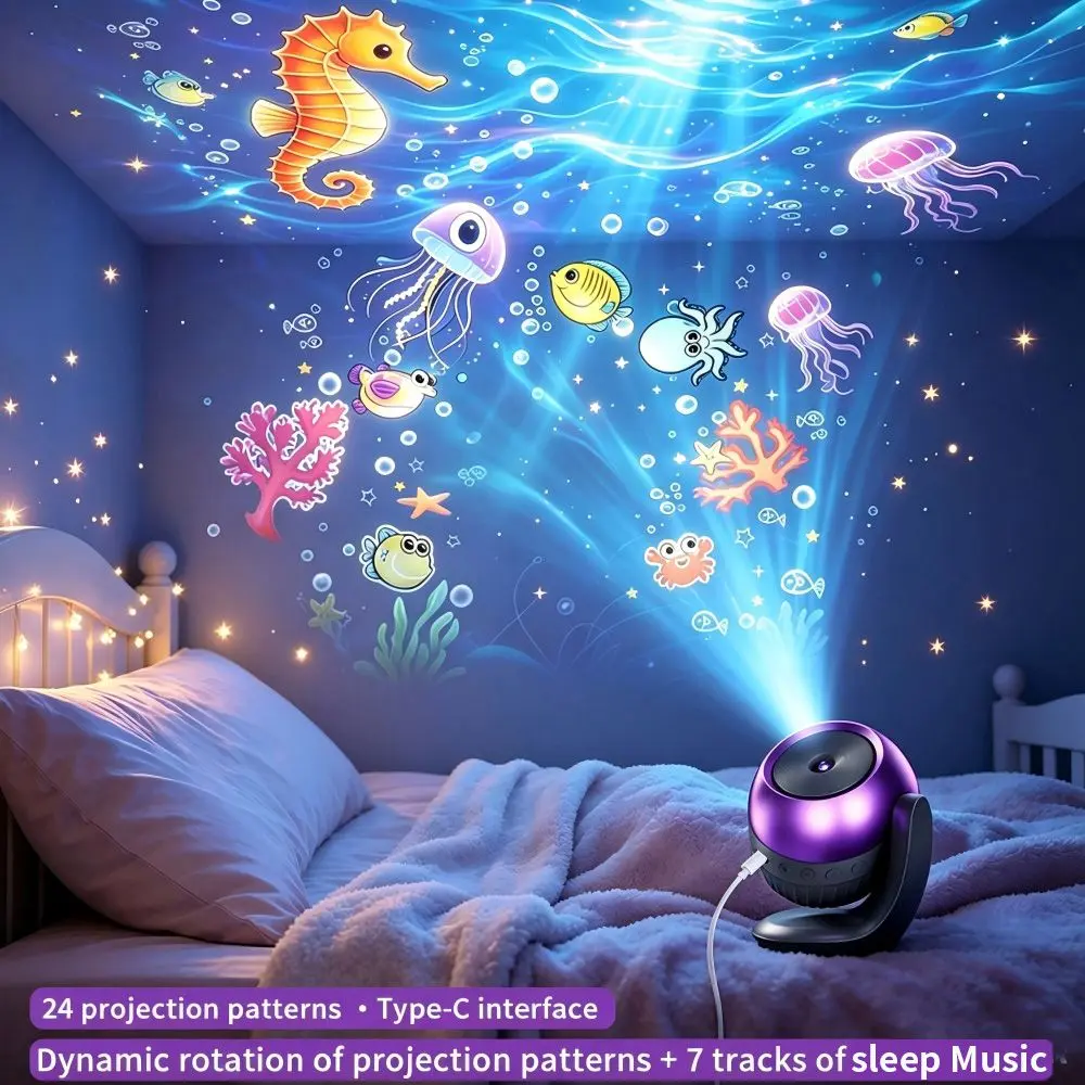 New LED Starry Sky Projection Lamp with 24 Patterns, Christmas & Ocean Scenes Night Light for Holiday Bedroom Decor