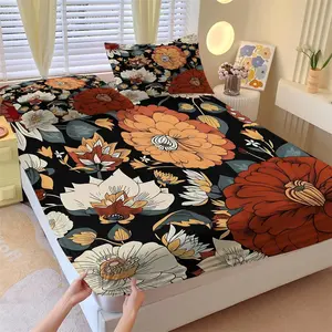 3pcs Vintage Autumn Floral Fitted Sheet Set (1+2 Pillowcases), Dahlia & Poppy in Burnt Orange, Cream & Teal, Soft Durable Deep Pocket Mattress Cover, Retro Bedding, Perfect Home Decor Gift