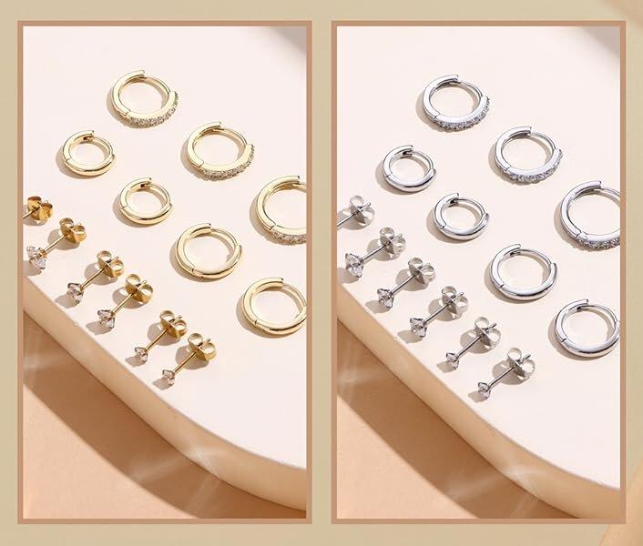 Trendy Hoop Stud Earrings for Women 7 Pairs 316L Surgical Steel Hypoallergenic Earrings Set for Multiple Piercing Non Tarnish 14k Gold Plated Cartilage Earring