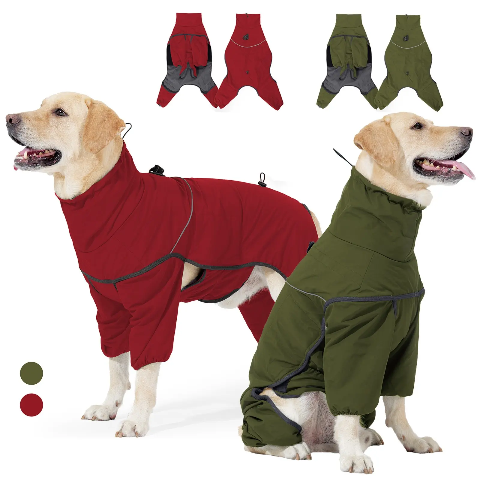 Dog Winter Four-Leg Snow Suit, Waterproof Thick Warm Belly Coat, Reflective Night Jacket, Pet Jacket for Cold Weather, Medium to Large Dogs