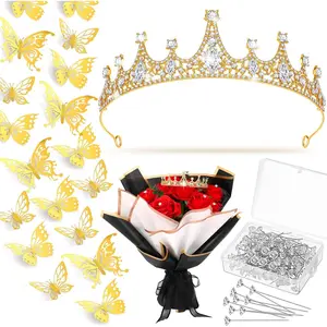 113 Pcs Gold Flower Bouquet Accessories Set, Includes Princess Elegant Crown Headband, Bouquet Pins, 3D Butterflies Decor for Wedding Party Flower Arrangements