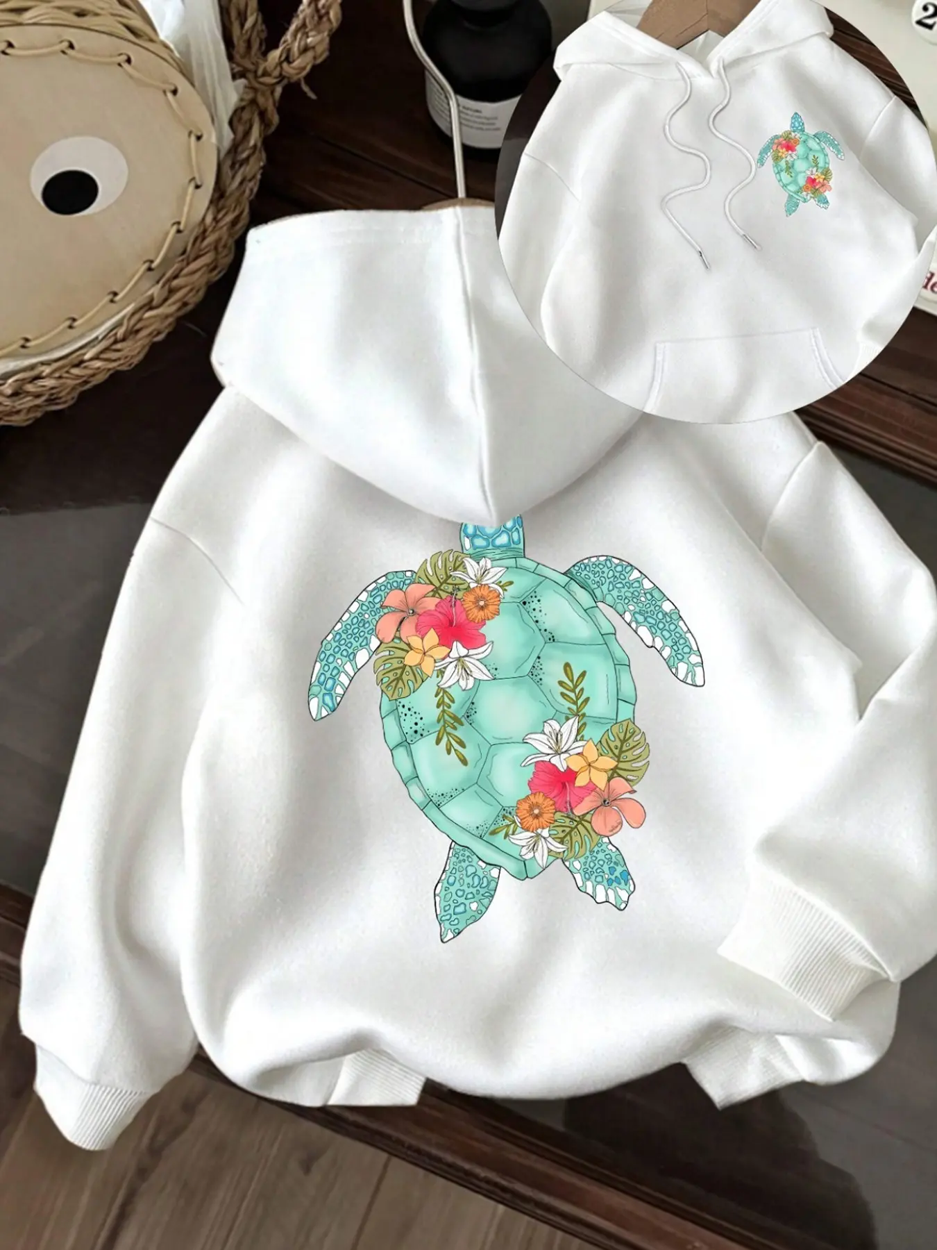 Women's Hooded Sweatshirt Fashion Streetwear Casual Retro Turtle Print, Fall Winter Fitted Plain Style, Holiday Campus Vacation