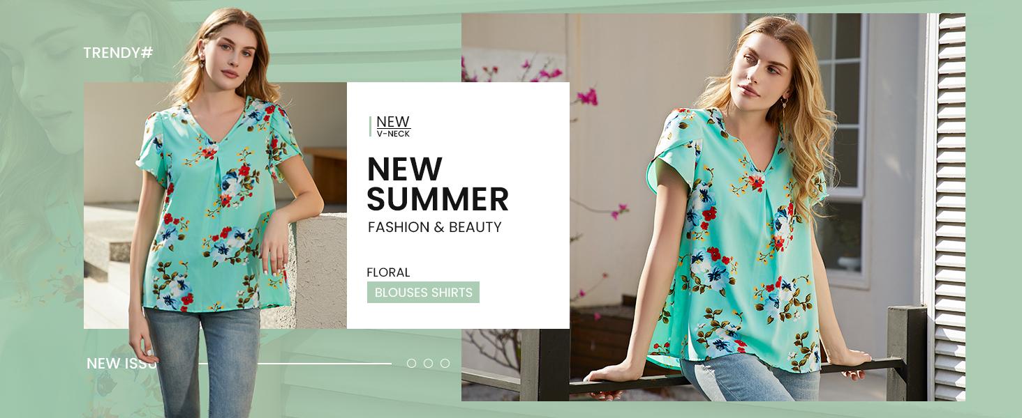 Women's Summer Tops Short Sleeve Dressy Chiffon Blouses V Neck Work Tunic Tops Casual Loose T-Shirts with Pleated Stitched A-Line Design #Springfresh
