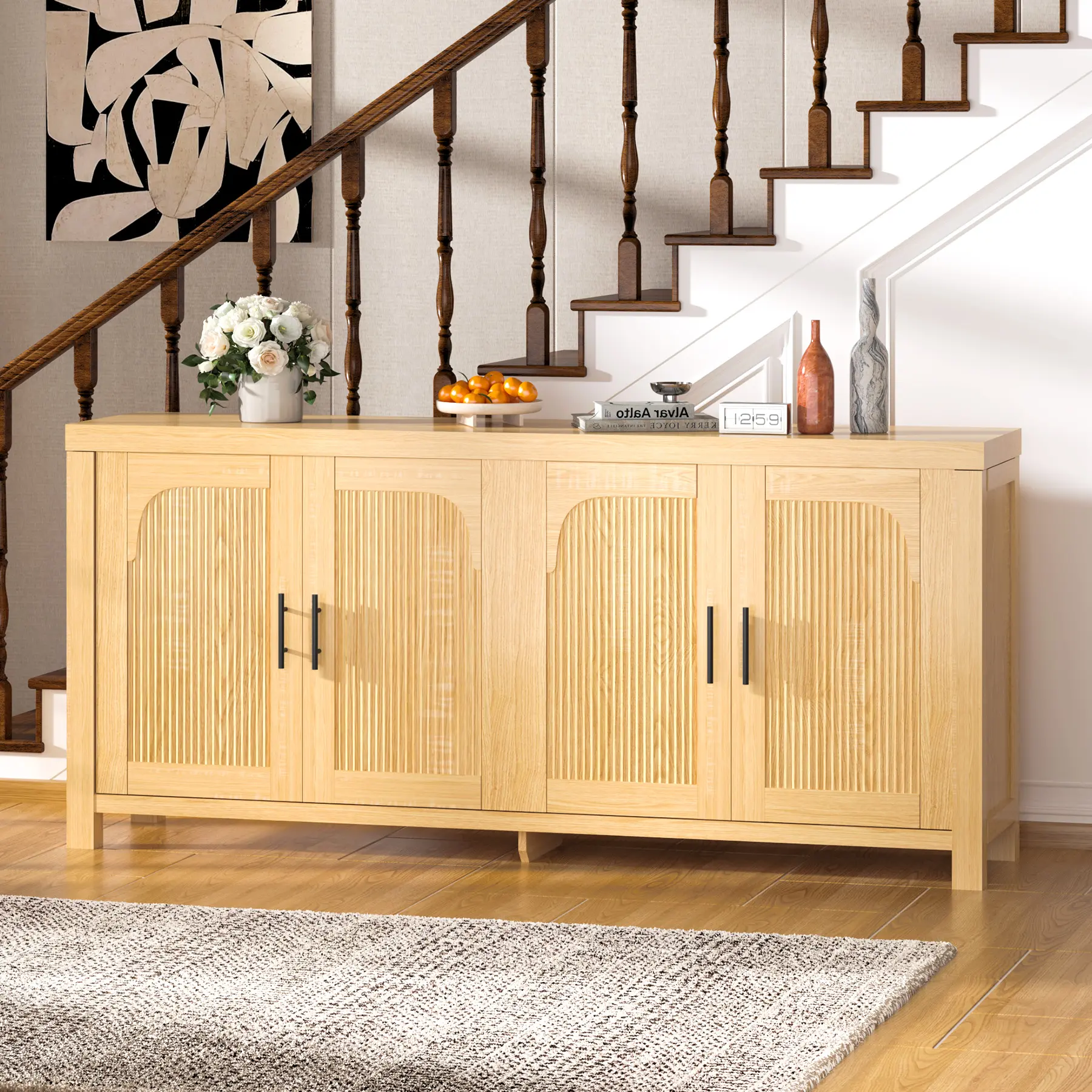 Modern Farmhouse Sideboard Buffet Cabinet with Fluted Arched Doors, Adjustable Shelves and Cable Management, Wood Credenza