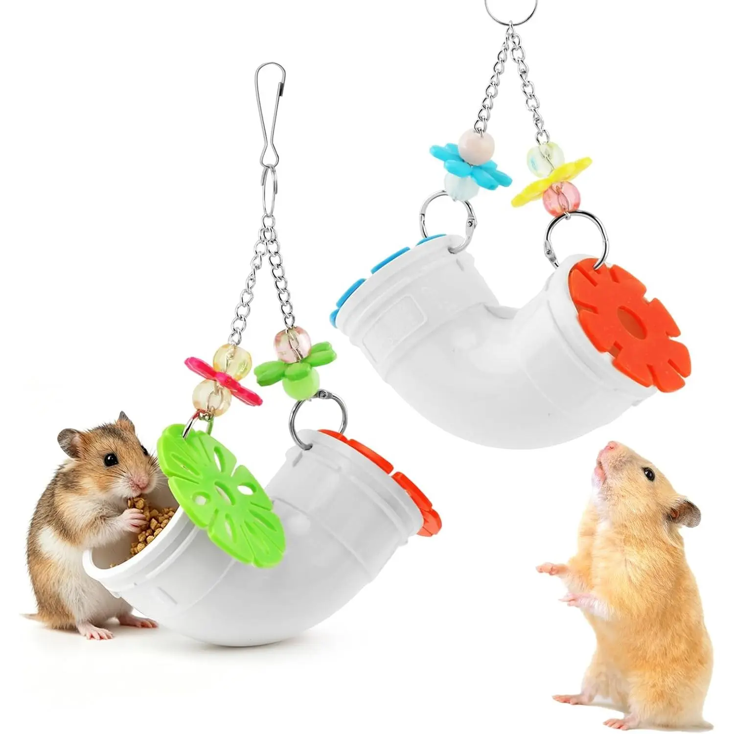 2-Pack Rat Enrichment  Toys for Cage,  Slow Feeder with Colorful Beads and Chains, Elbow Pipe Fancy Mice Puzzle , Easy-Clean Rodent Cage Accessories for Rat