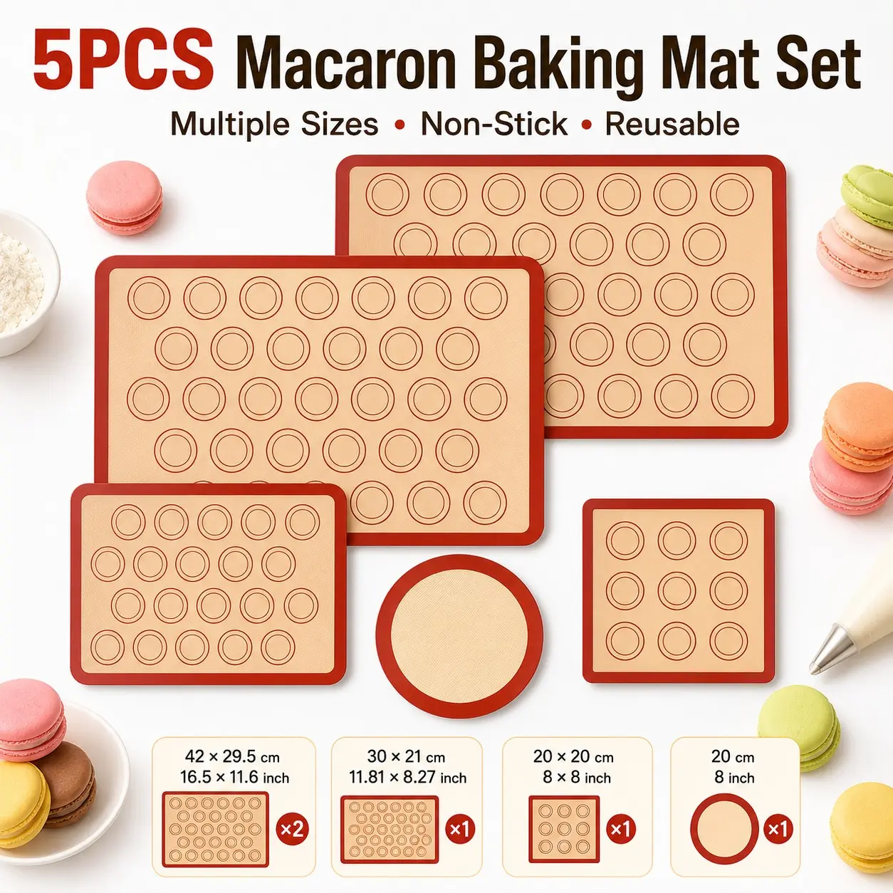 5-Piece Macaron Baking Set, Non-Stick Silicone Mat, Easy Clean Cookie Tray, Food Grade Silicone Baking Pad, Heat Resistant Molds, Silicone Bakeware Set, Baking Tools