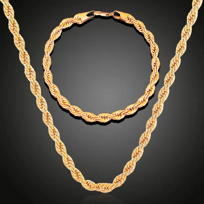 Men's Gold Plated Rope Chain Gold Jewelry Set - Waterproof Stainless Steel Necklace & Bracelet, Hip Hop Style Father's Day Gift for Dad, Gold Jewelry Sets