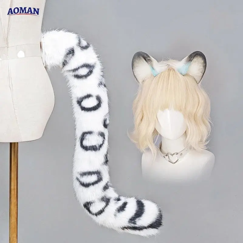 Plush Snow Leopard Ears Hairband Fluffy Tail Fursuit Furry Animal Ear Headband Hallowwen XMAS Cosplay Props Costume Accessories