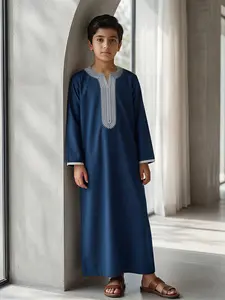 Arab Boy Elegant Embroidered Blue Thobe, V Neck Long Sleeve with Pockets, Suitable for Daily Wear, Formal Events, Parties, Holidays