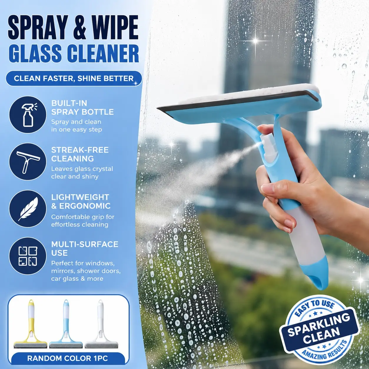 Glass Brush with Spray Bottle, Home Glass Cleaner, Bathroom Mirror Brush, Three-In-One Window Scraper, Bath Cleaning Tool, Multi-Function Scrubber, Window Cleaning Accessories