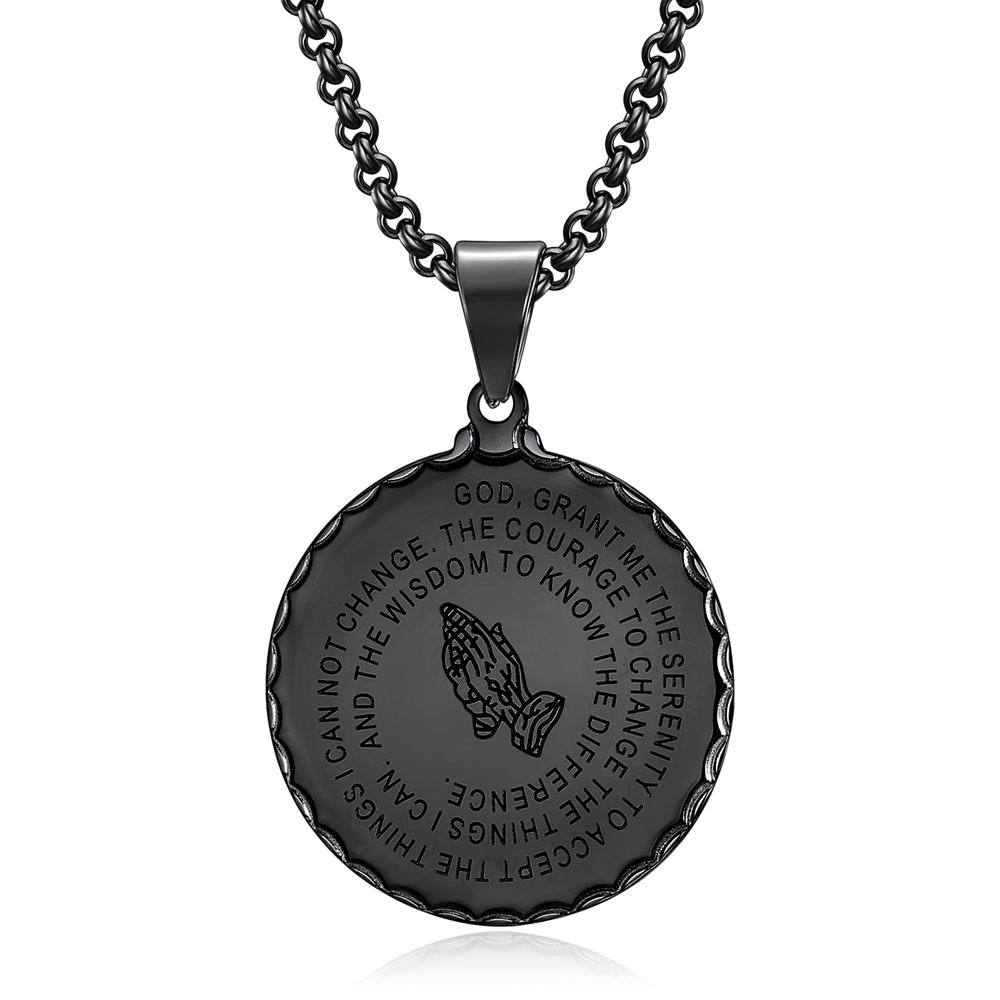 Retro Hip Hop Prayer Hand Pattern Round Pendant Stainless Steel Men's Necklace Jewelry