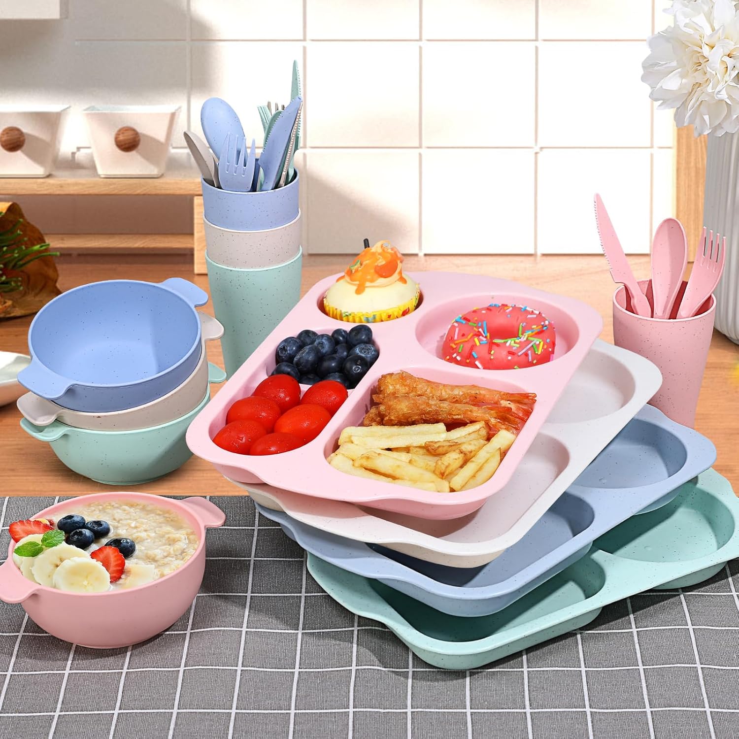 Wheat Straw Cutlery Set, 24pcs/set Including Plate*4 & Bowl*4 & Cup*4 & Cutlery*4 Sets, Reusable Wheat Straw Tableware Set, Dinnerware Service Set for Home School Restaurant