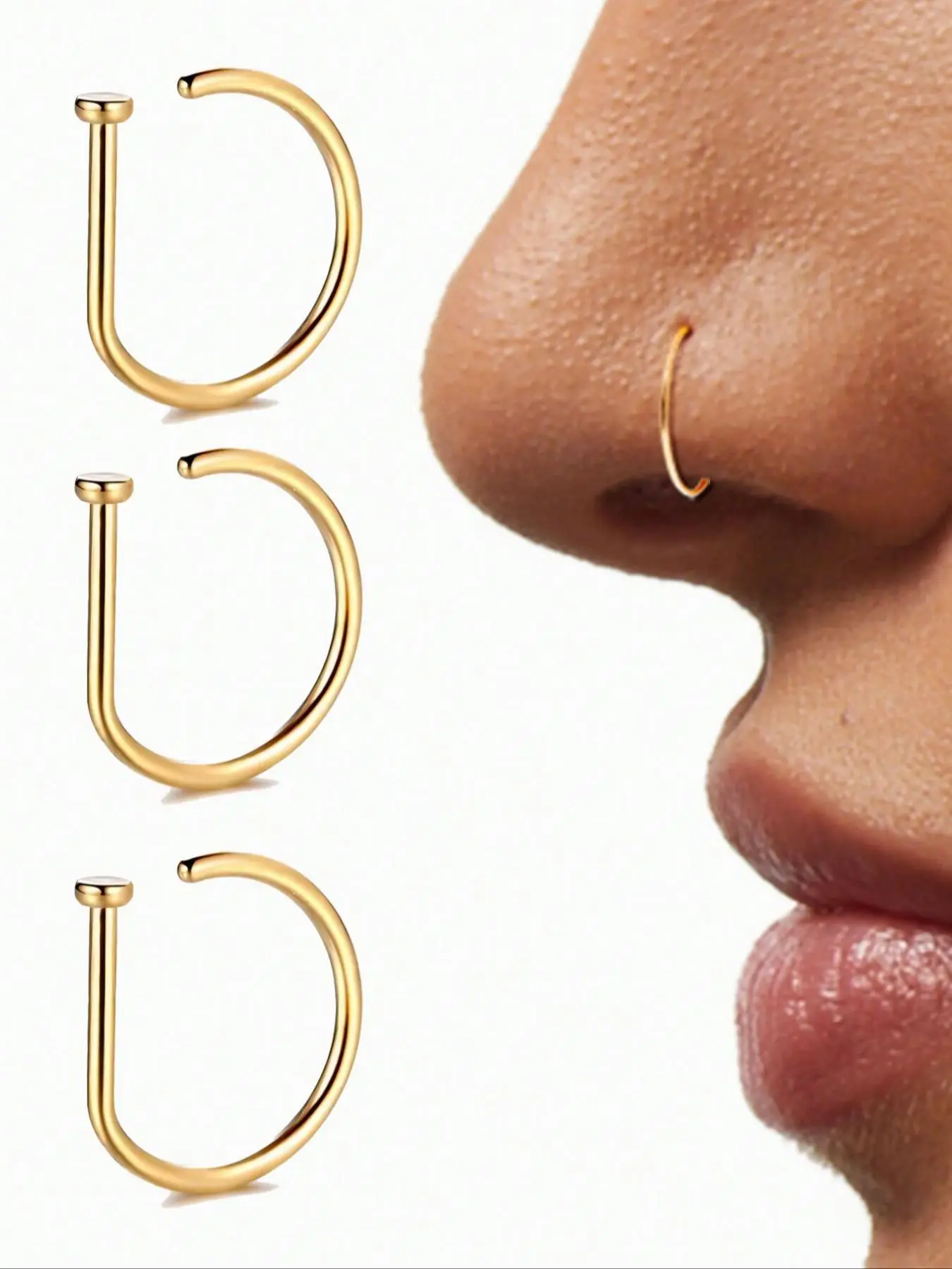 3-Piece D-Shape Nose Stud Set, Minimalist American Style, Personalized Hlp-Hop Streetwear, Non-Piercing Nose Ring Kit
