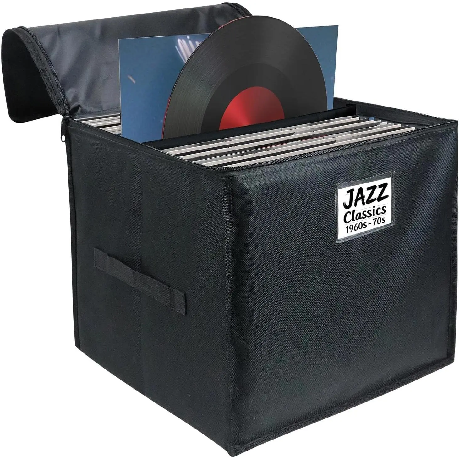 Waterproof Foldable Vinyl Record Storage Box with Lid & Handles, Holds 90 12-inch Single Records, Organizer for Valuable Album Collection