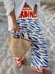 Women's Summer Fashion High-Waisted Ocean Print Wide Leg Pants, Casual Vacation Style, Perfect for Travel and Leisure