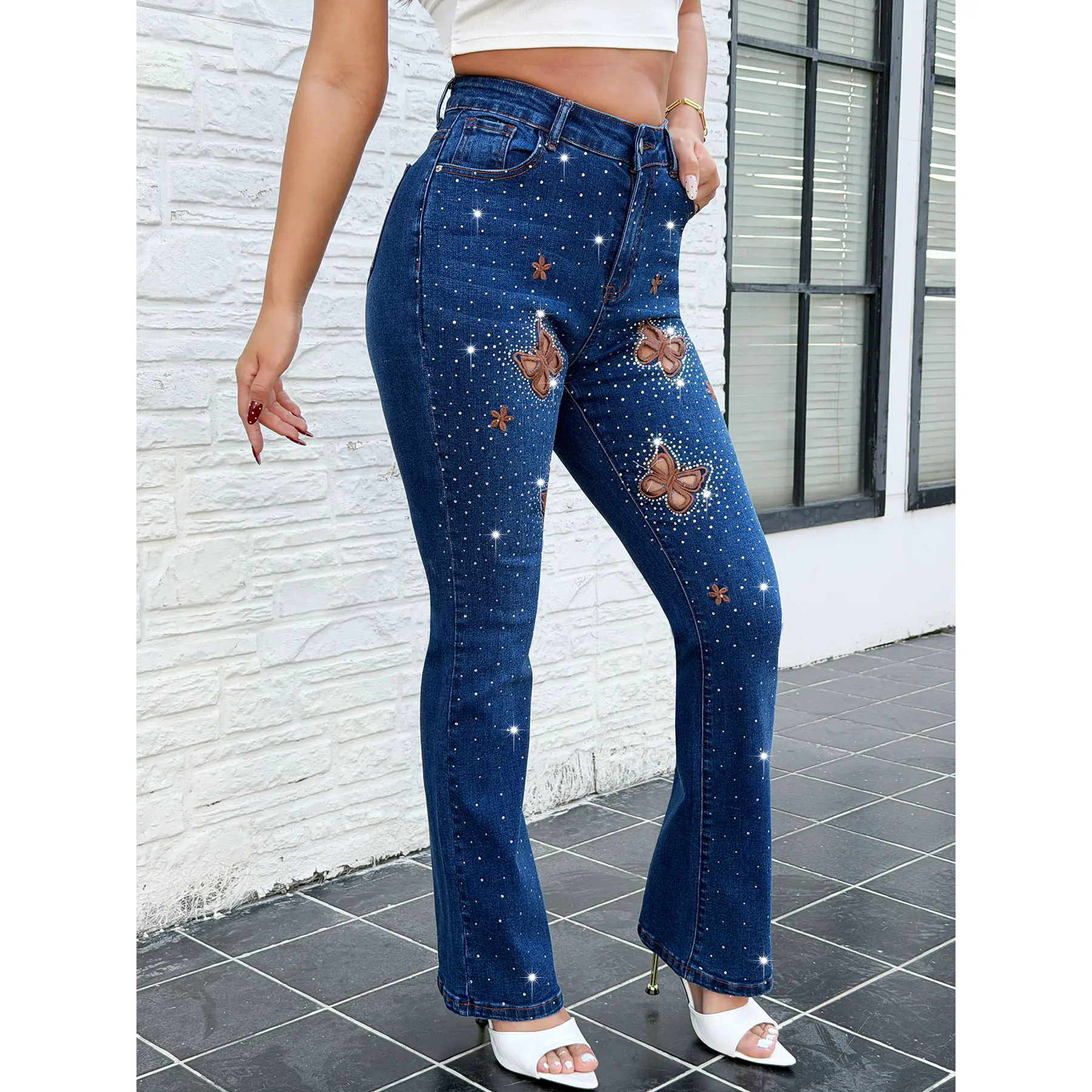 Women's High Stretch Cotton Mid Waist Deep Blue Elastic Micro Flared Bellbottom Jeans - Holiday, Casual, Party Wear, Classic Butterfly Hollow Embroidery, Shining Hot Diamonds, Button Front, Hand Wash Only