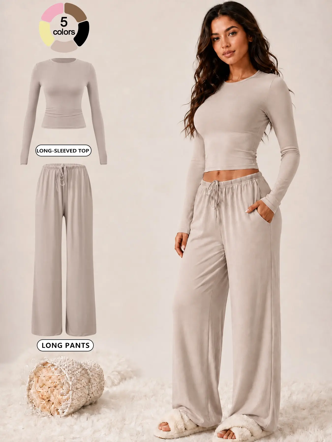 Women’s 2 Piece Lounge Set, Soft Comfortable Loungewear, Minimalist, Long Sleeve Top and Wide Leg Pants, Adjustable Drawstring Pants, Casual Travel Outfit, Airport Outfit, Home Yoga Set, Daily Wear