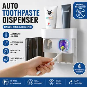 Automatic Toothpaste Dispenser with 4 Toothbrush Holders for Bathrooms, Wall-Mounted Bathroom Organizer, No Drilling Plastic Toothbrush Rack