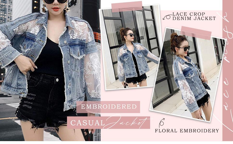 Women's See Through Floral Embroidery Lace Crop Denim Jacket Ripped Distressed Jean Jacket