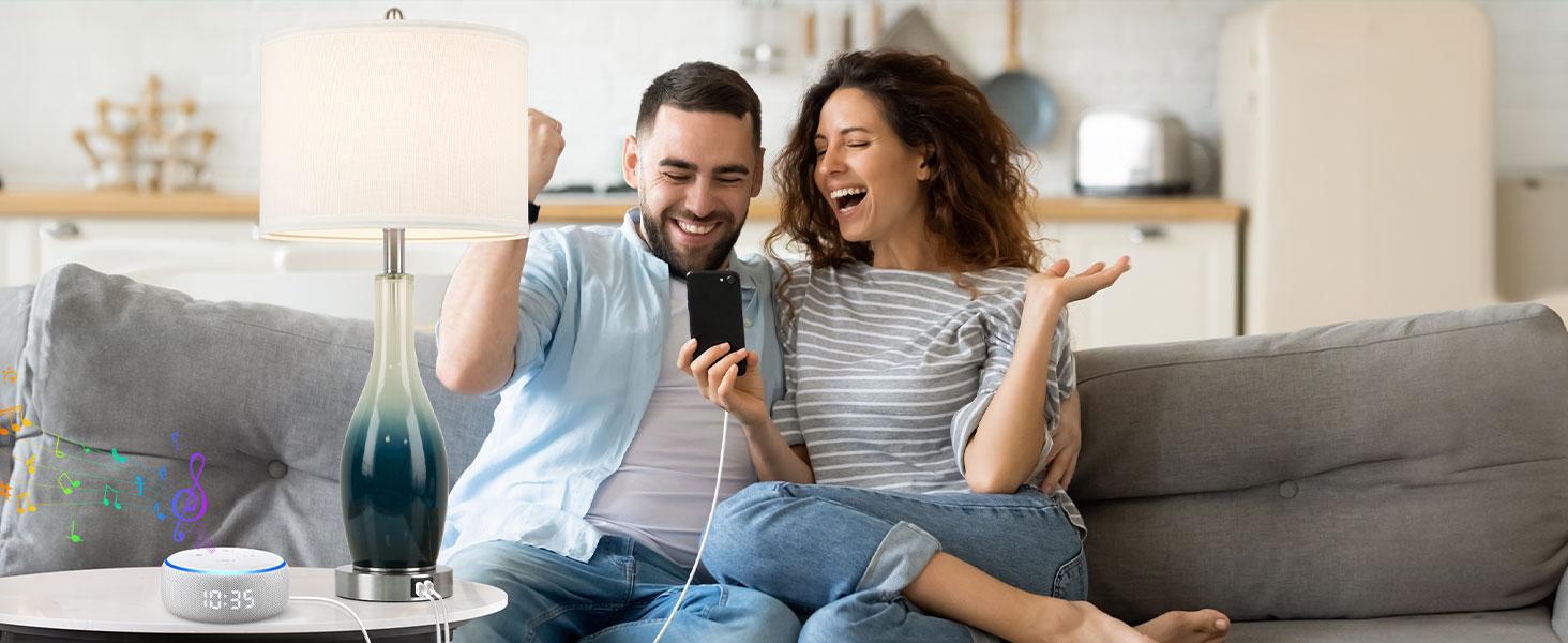 26in Tall Glass Table Lamps Set of 2 with 2 USB Charging Ports & LED Nightlight, Large Coastal Table Lamps for Living Room End Table, Modern Beach Lamps for Bedroom Bedside Nightstand